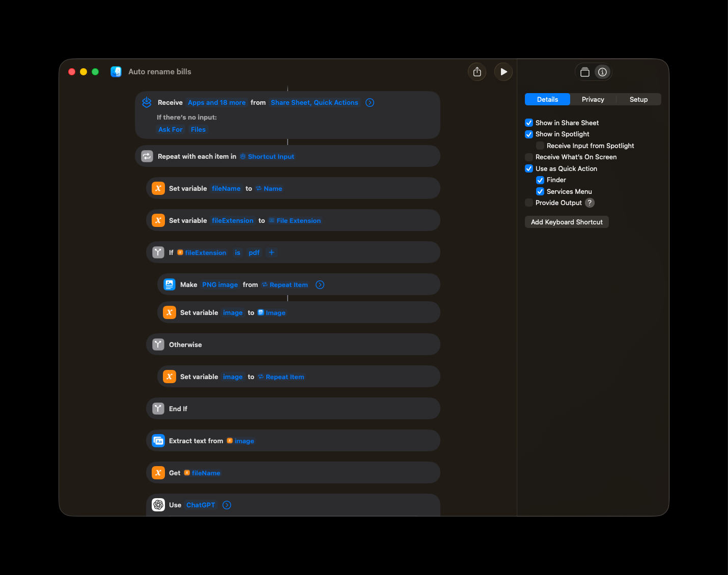 Apple Shortcuts Editor showing the Rename Bills workflow with actions for getting text from PDF, formatting date, and saving file